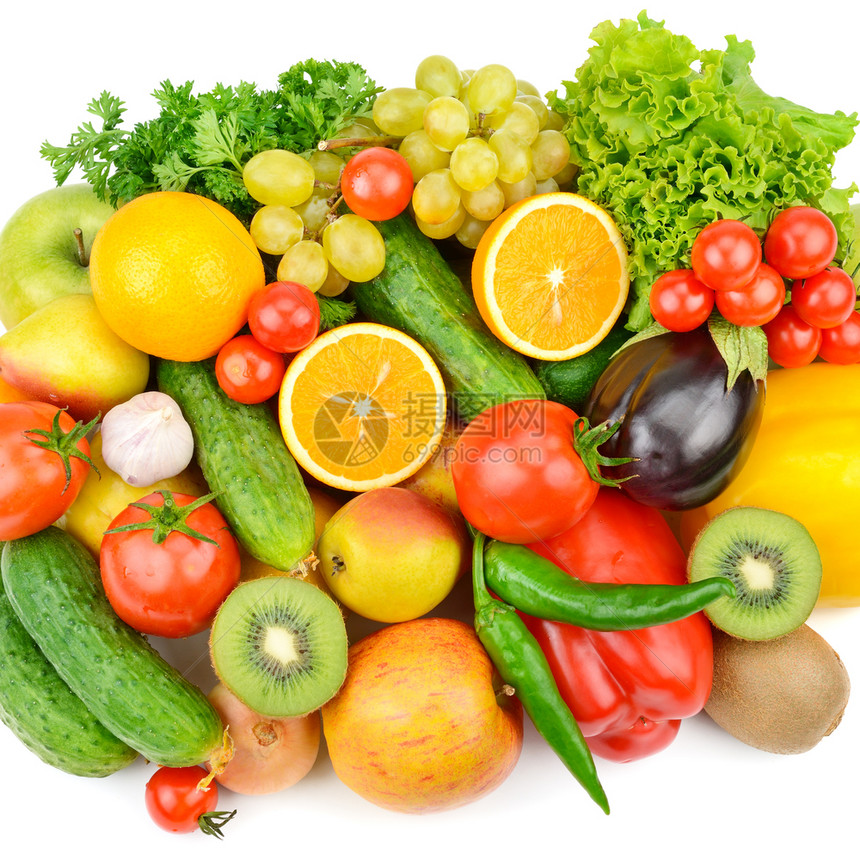在白色背景上隔离的水果和蔬菜健康的食物平坦躺地最顶端视野图片