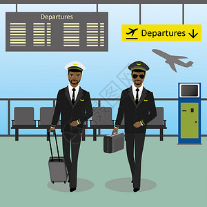 美国机场飞行员在机场行走卡通矢量插画插画