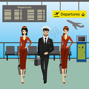 机组人员在机场行卡通矢量插画图片