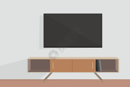 现代电视柜房内墙上有电视和床头柜舒适插画