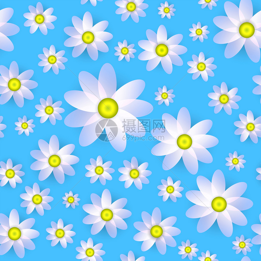 蓝背景矢量无缝模式上的粉红菊花图片