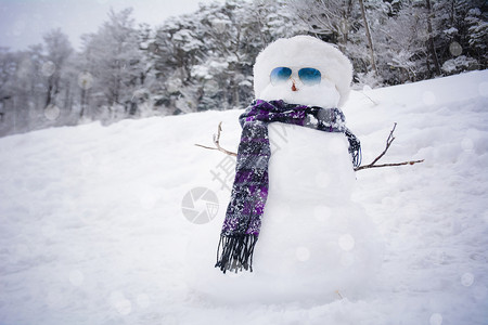 穿着帽子和围巾的可爱雪人在冬季风景中图片