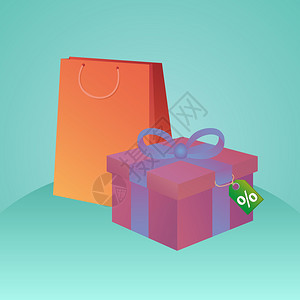 乱贴广告说明购物袋礼品盒和贴设计折扣的标签插画