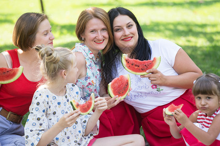 与西瓜一起野餐快乐的夏季和明亮家庭野餐图片