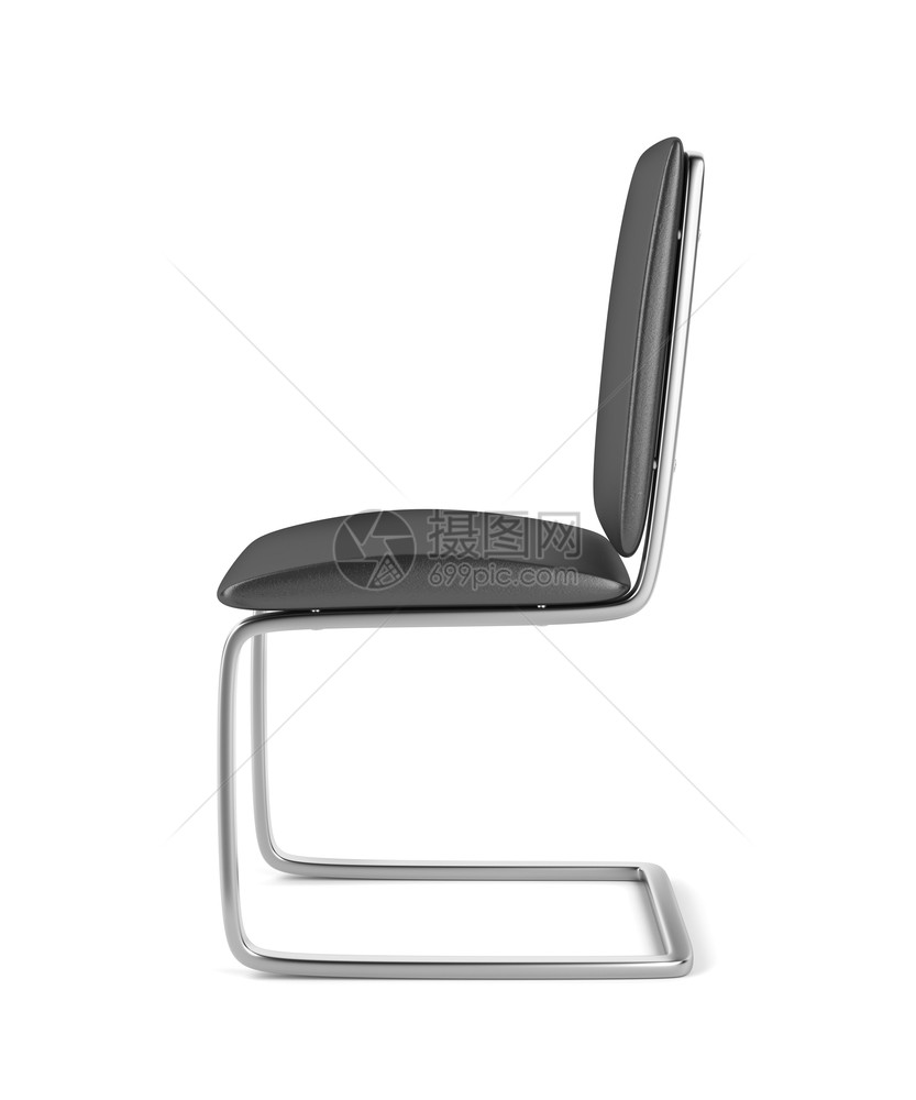 白色背景黑皮革和金属制成的现代椅子侧面图片