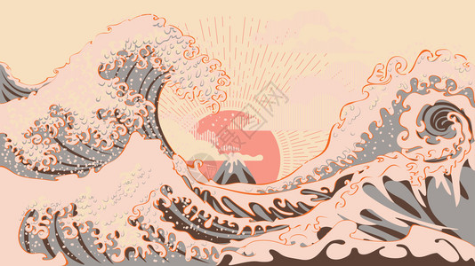 富士山麓浮世绘海浪日出设计图片