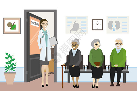 美国医生老年人在大门口等着女护士插画