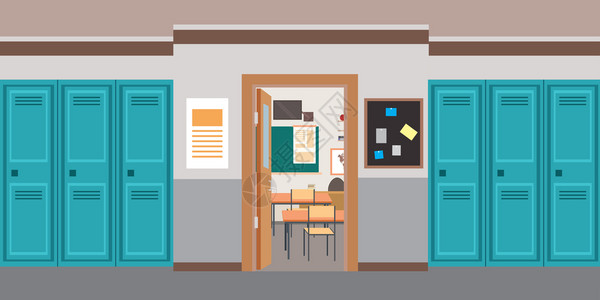 蓝色的门手绘卡通教室走廊插画