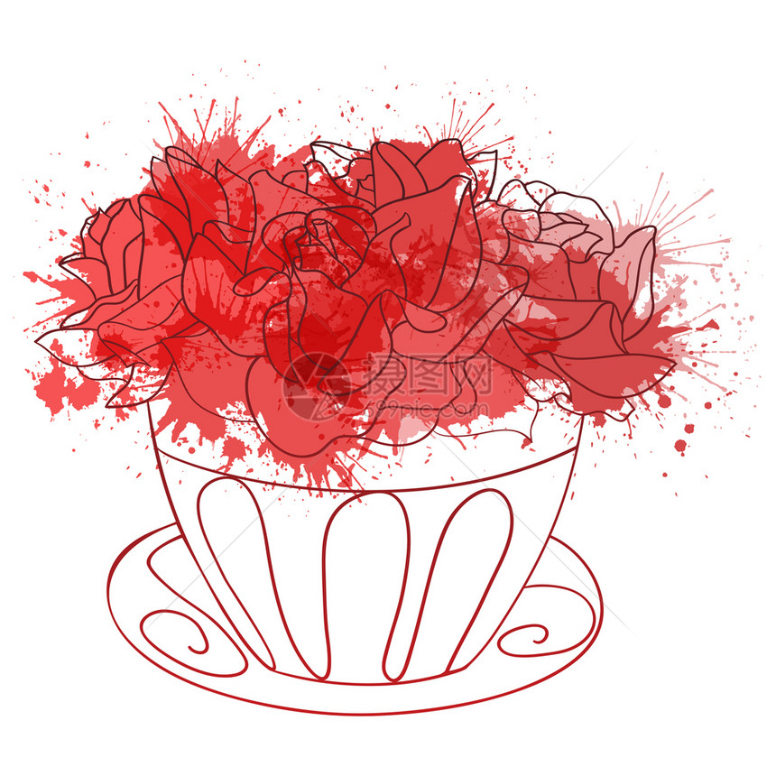 用一束玫瑰花插在花瓶里用水彩泼洒的插画表达邀请和你的创造力插在花瓶里的玫瑰和水彩插画图片