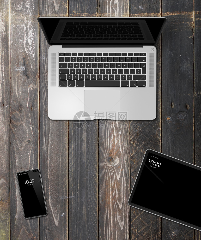 3d制成笔记本电脑平板和话装置的木制背景模型成木背景的笔记本电脑平板和话装置的模型制成木背景的3d图片