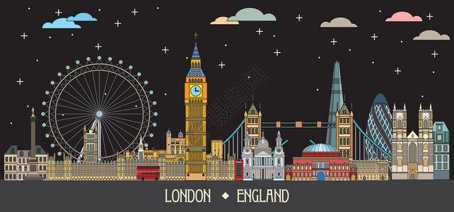 伦敦夜景色的矢量线艺术说明夜晚的隆登地标天空线矢量说明黑色背景一套矢量多彩的图解显示英格兰的吸引力插画