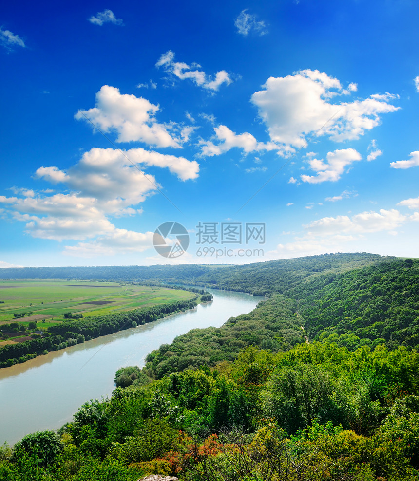 河流和森林的美丽自然景观从上面看图片