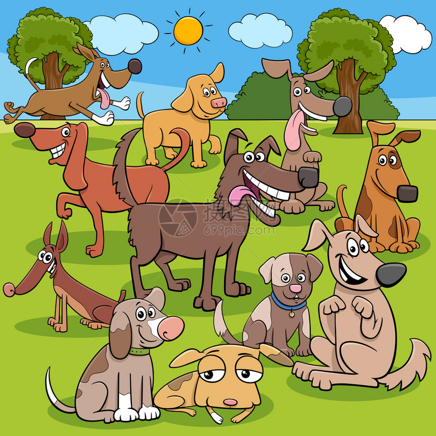 狗和小动物角色组的漫画插图图片