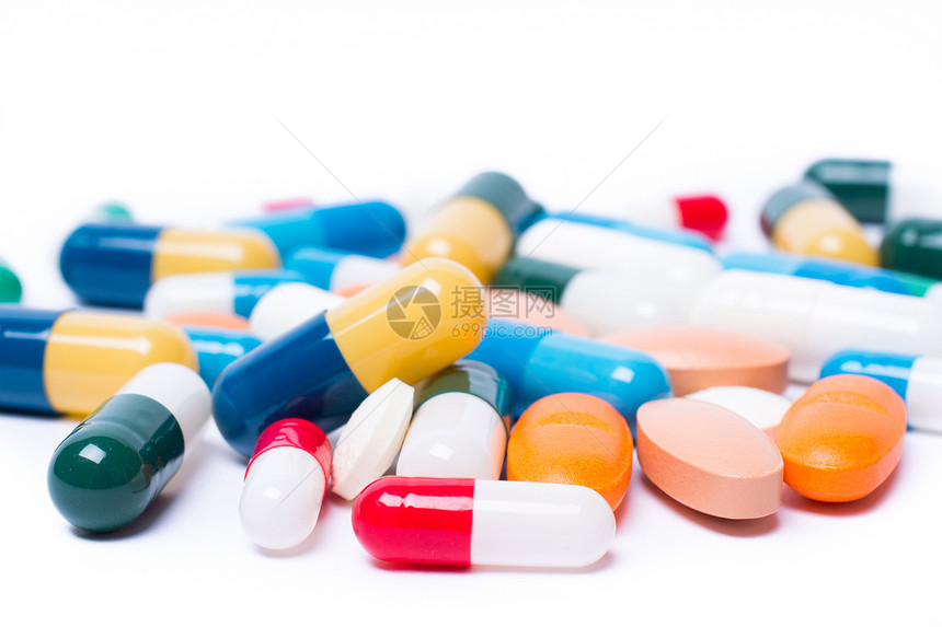 药剂有彩色丸和胶囊白色背景药物处方治疗图片