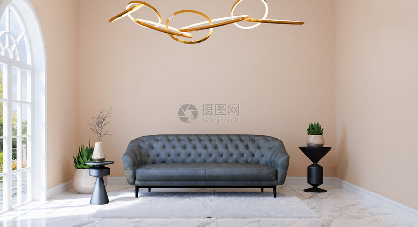 现代经典式客厅内装家具和墙上复制空间的室内装饰3D图片