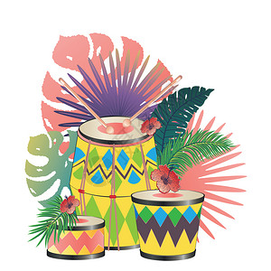民族鼓音乐设计配有丰富多彩的节日鼓热带叶子和花朵插画