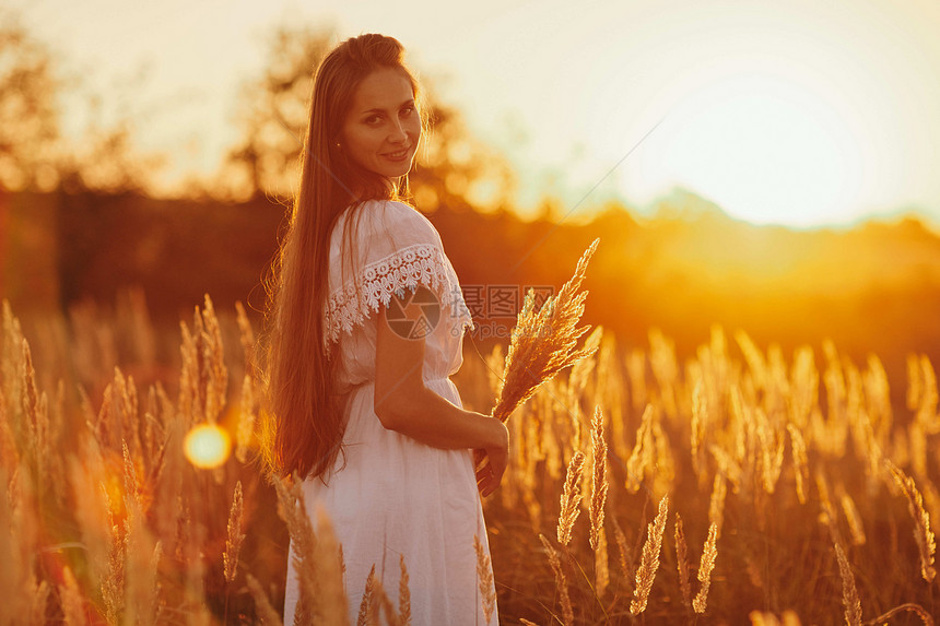 日落时场上穿着白色礼服的漂亮女孩肖像夏天与自然的团结图片