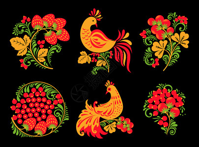 霍克洛马传统装饰鸟和水果花卉插画