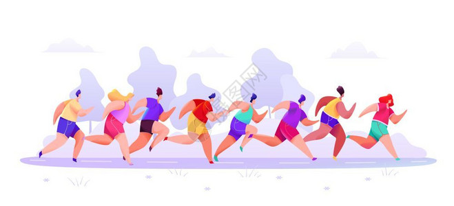 奔跑马拉松穿着运动短裤和T恤的人正在沿路以抽象的森林背景跑马拉松插画