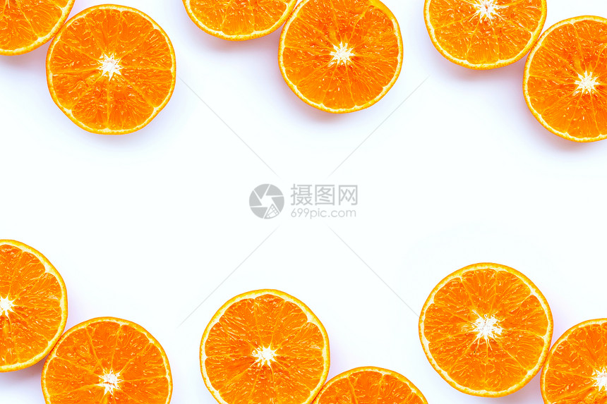 高维他命c由白色背景的多汁橙子水果制成的框架复制空格图片