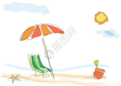阳伞躺椅手绘水彩风格海滩上的矢量背景插画