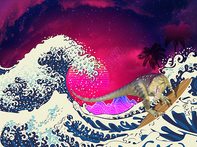 恐龙海报海洋浪棕榈树月亮山和冲浪3d暴龙雷克斯回溯式图解背景
