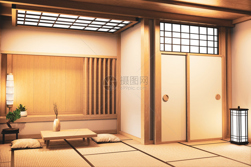 壁上木制十花板的日本风格3d图片