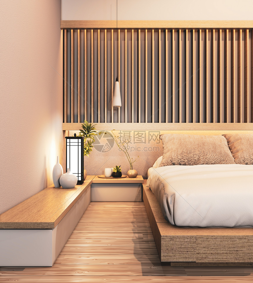 装有棍棒和隐藏的光壁设计3d的日本木制房设计图片