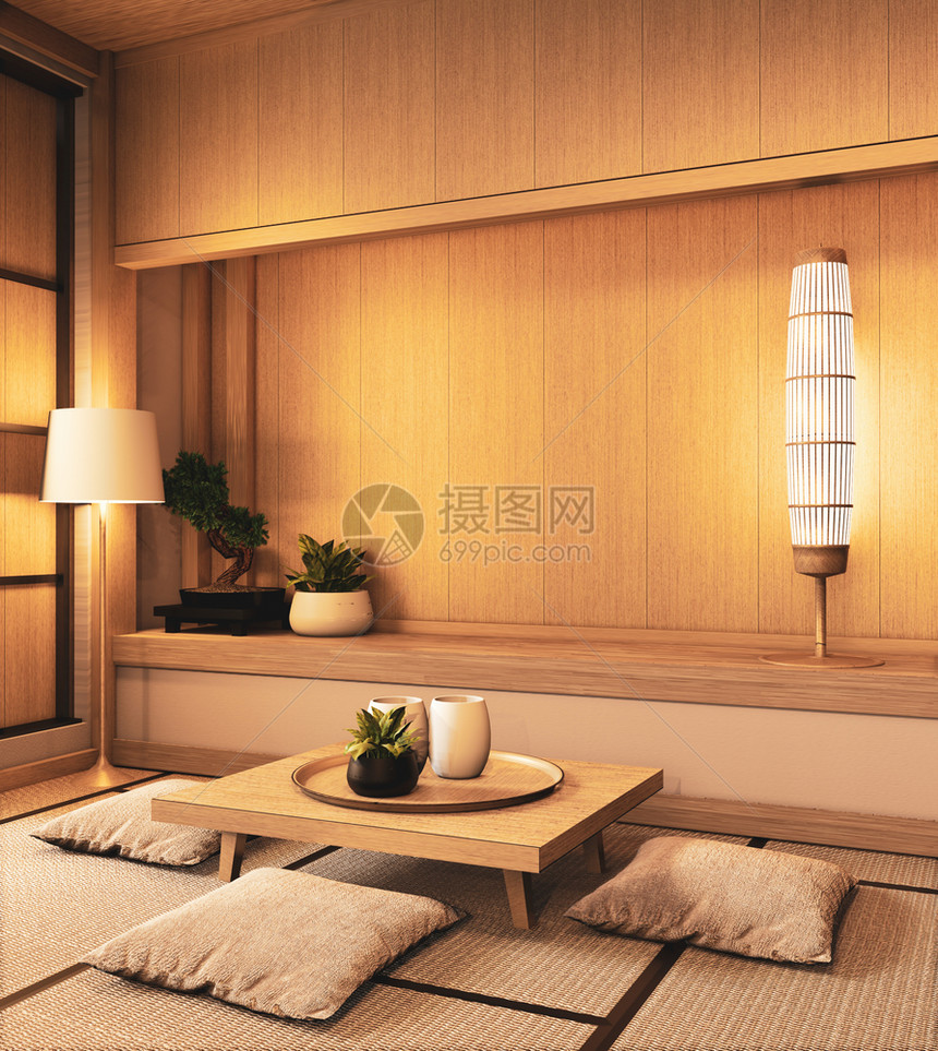 壁上木制十花板的日本风格3d图片