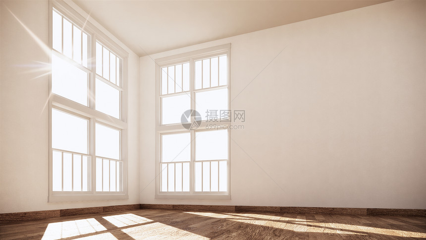空房间里木制地板和大窗户图片