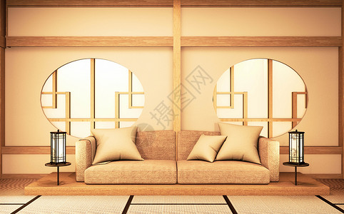 带有圆环的内中和圆木窗制设计图日本房和塔米垫子的木制设计图图片