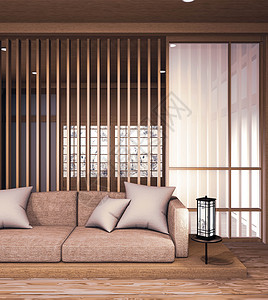 沙发木制日本人设计在房的木制地板和装饰灯植物背景图片
