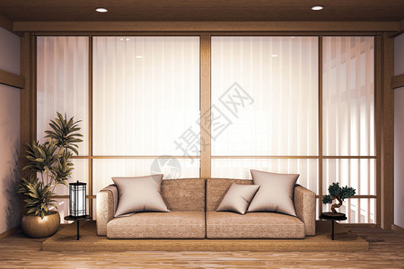 沙发木制日本人设计在房的木制地板和装饰灯植物背景图片