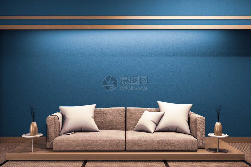 室内现代深蓝色黑日本房窗户纸上有木制低沙发设计3d红色图片