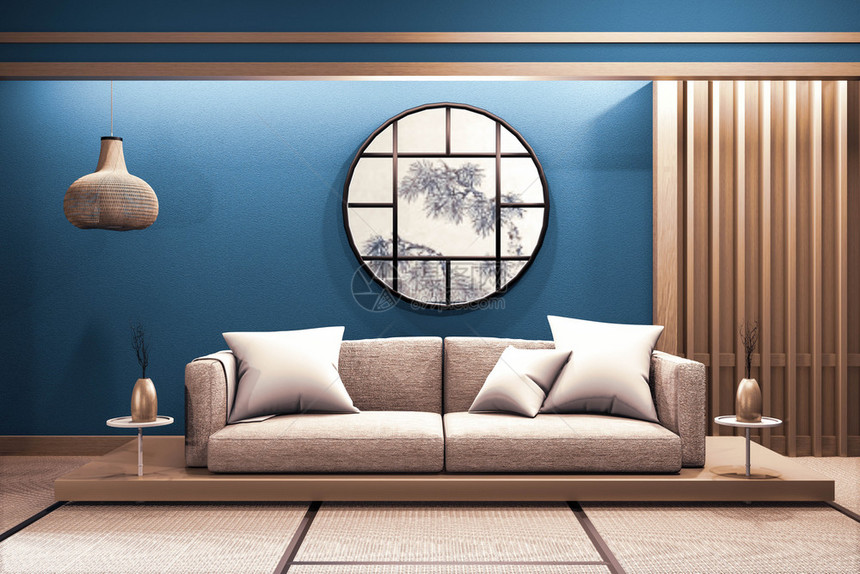 室内现代深蓝色黑日本房窗户纸上有木制低沙发设计3d红色图片