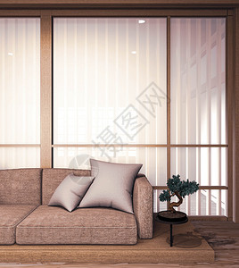 沙发木制日本人设计在房的木制地板和装饰灯植物图片