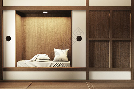 现代和平卧室日本式的卧室架墙设计隐藏灯光和装饰日本式的背景图片