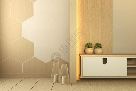 配有木制六边形瓷砖房的木制板柜电视日本式3d图片