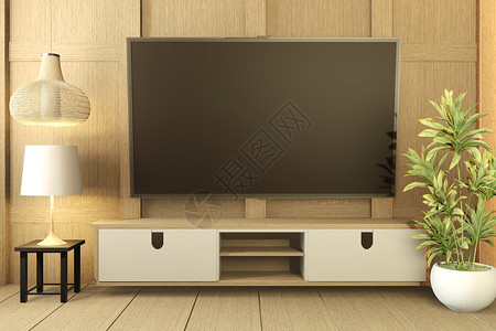 白色木地板和墙的电视柜子日本式的客厅最起码和坚硬的室内图片