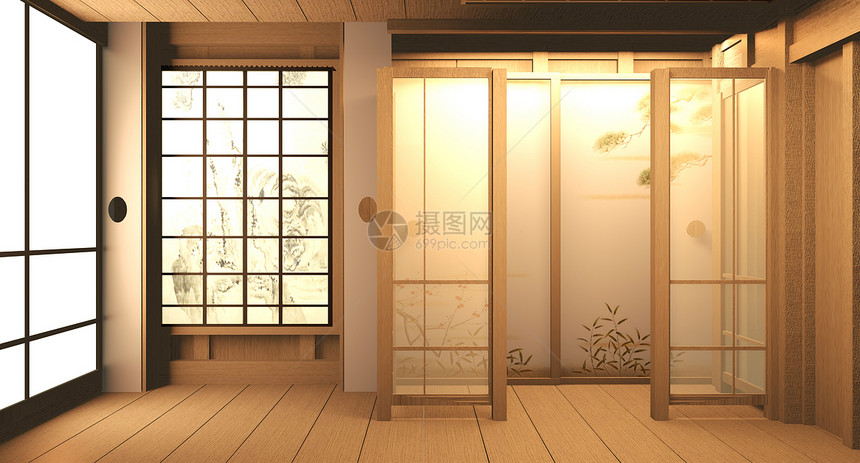 木地板上空房间木日本内部设计3d图片