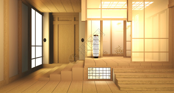 日式风格房间配有木墙面背景图片