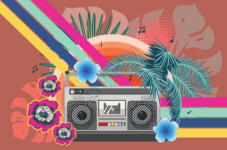 为音乐而动80年代音乐海报配有调音箱和热带叶设计插画