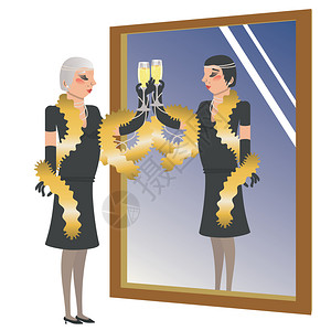 名人卡通卡通的老女人将香槟的杯子倒在镜里把自己看成年轻时的倒影背景
