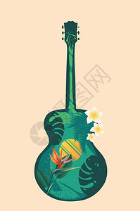 音乐设计配有回声吉他热带叶子和花朵图片