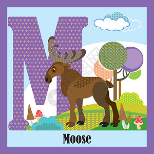 卡通矢量动物麋鹿英文字母M图片