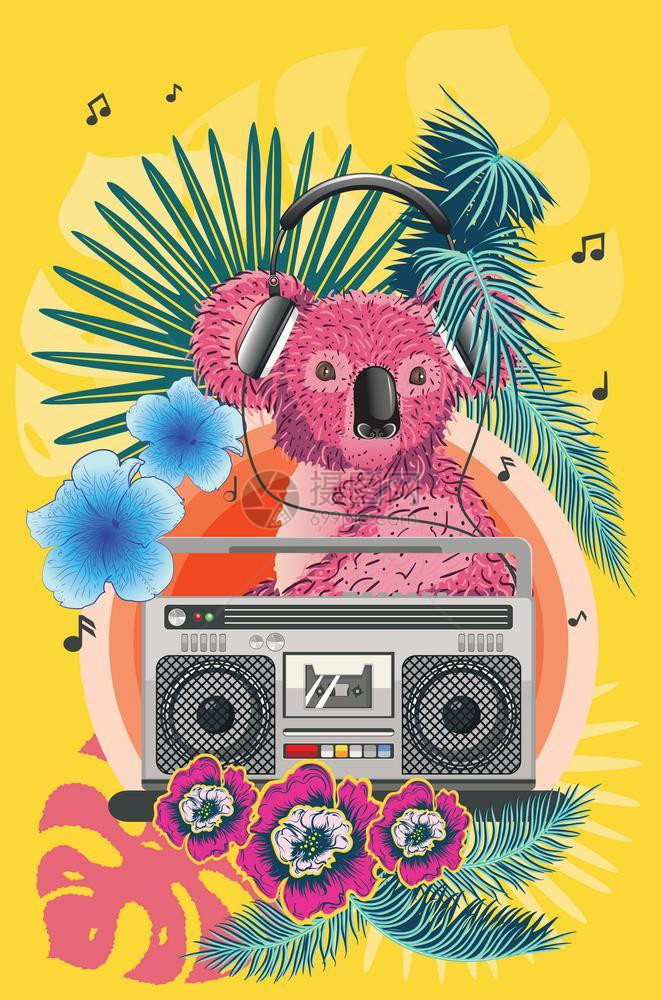 粉红色考拉和收音机古老音乐海报设计图片