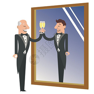 把回忆倾洒将香槟的杯子放在镜里把自己看成年轻时的反射插画