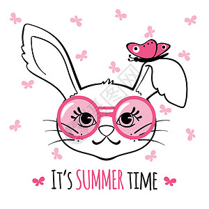 复活节时间t恤印服装婴儿淋浴海报或贺卡的设计要素夏季概念矢量说明带有眼镜和蝴蝶的可爱兔子白色背景的可爱兔子背景