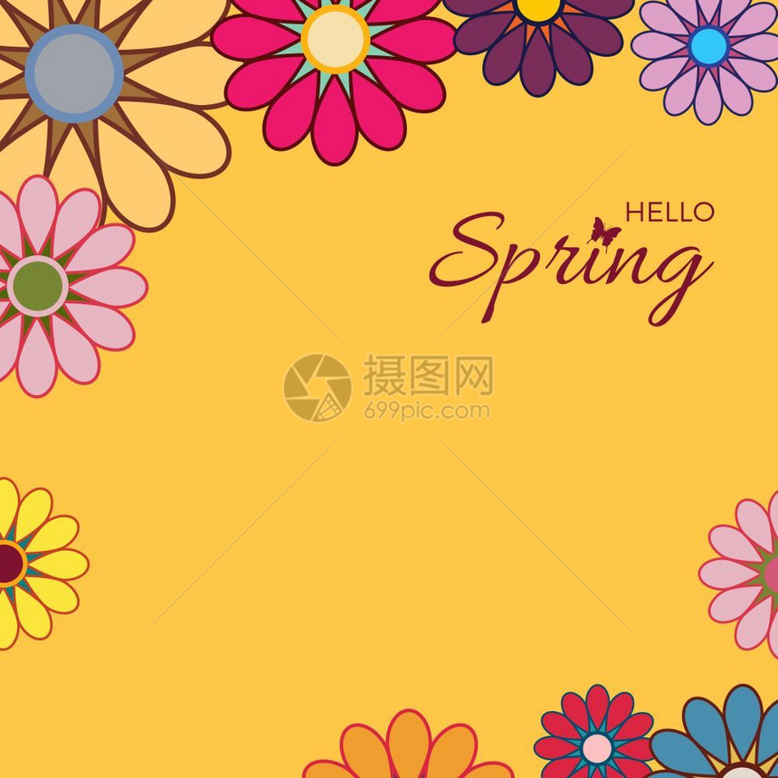 春季卡片附有框架叶和花封面或海报的矢量插图图片