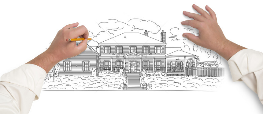 男手用铅笔画白色的漂亮房子轮廓图片